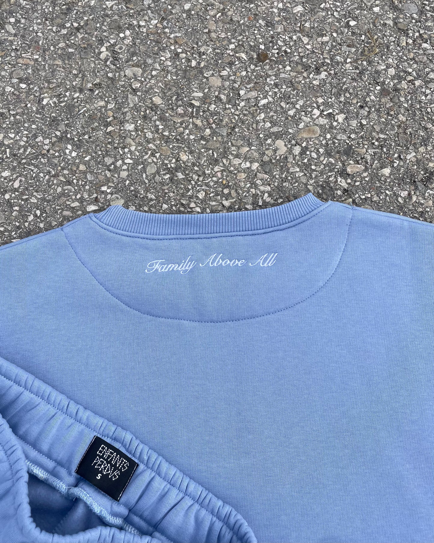 Crewneck Hoodie “Family Above All” - Celeste